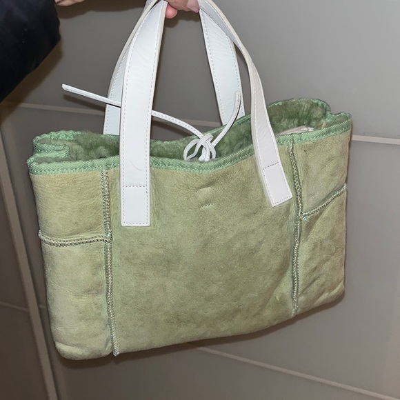UGG Cream and Mint Shearling Tote with White Leather Pocket - Picture 3 of 4